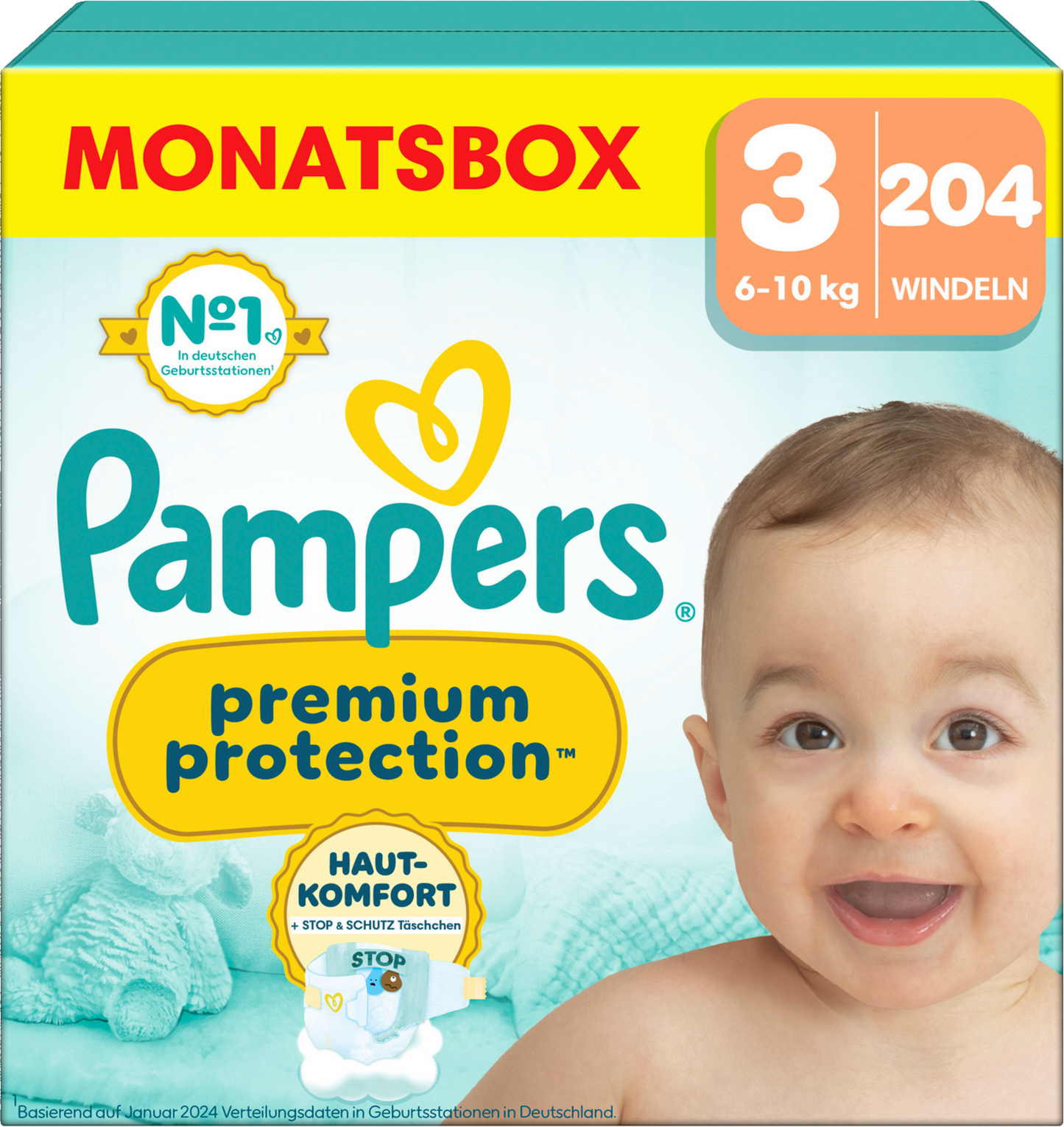 Pampers Premium Protection T3 Midi 6-10kg (204 pces) Pack mensuel