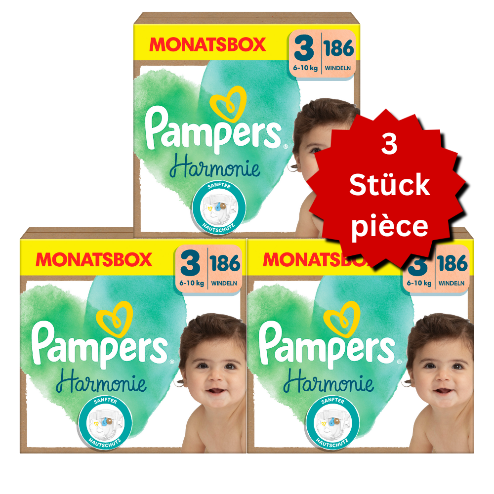 Pampers Harmonie T3 Midi 6–10 kg (3x186 pièces) – PROMO : lot de 3 boîtes mensuelles