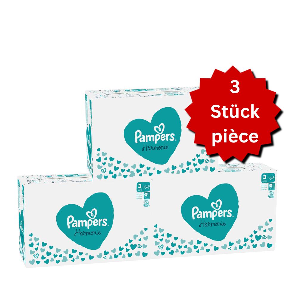 Pampers Harmonie T3 Midi 6–10 kg (3x186 pièces) – PROMO : lot de 3 boîtes mensuelles