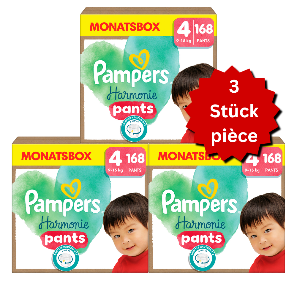 Pampers Harmonie Pants T4 Maxi 9-15kg (3x168 pièces) – PROMO : 3 boîtes mensuelles