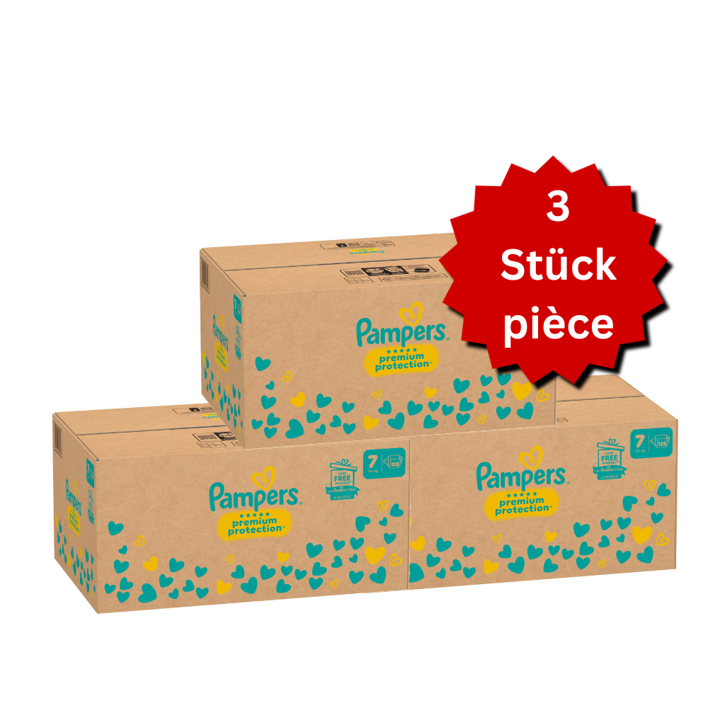 Pampers Premium Protection T7 XXL 15+kg (3x128 pces) PROMOTION 3 boîtes mensuelles