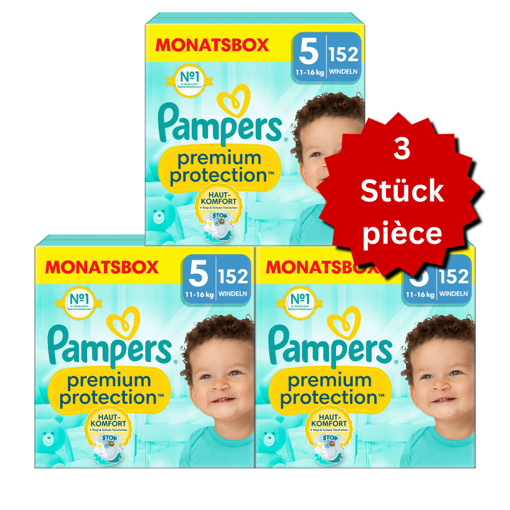 Pampers Premium Protection T5 Junior 11-16kg (3x152 pces) PROMOTION 3 boîtes mensuelles