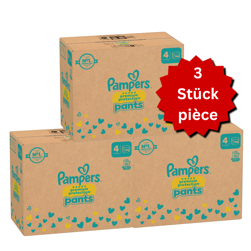 Pampers Premium Protection Pants T4 Maxi 9-15kg (3x168 pces) PROMOTION 3 boîtes mensuelles