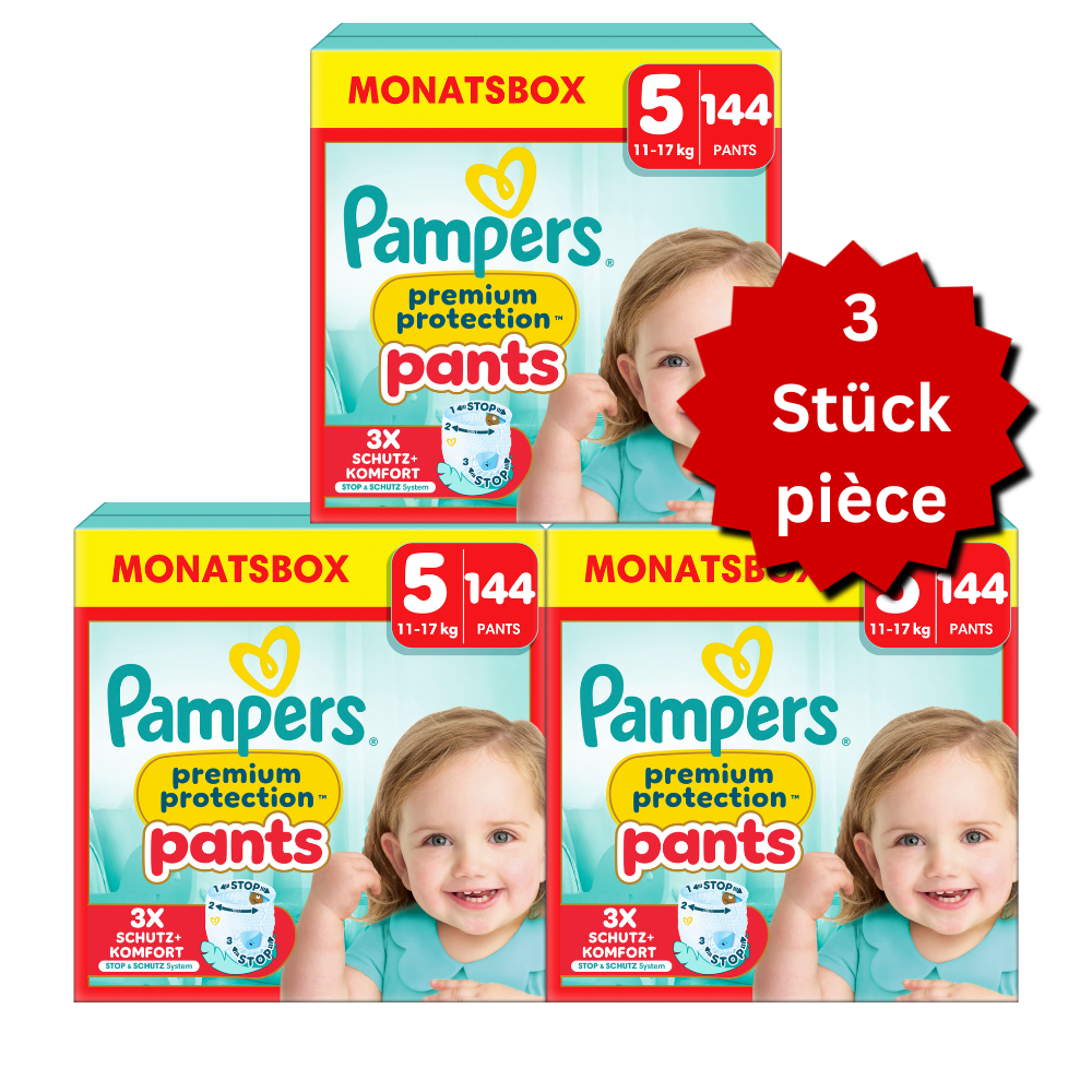 Pampers Premium Protection Pants T5 Junior 12-17kg (3x144 pces) PROMOTION 3 boîtes mensuelles