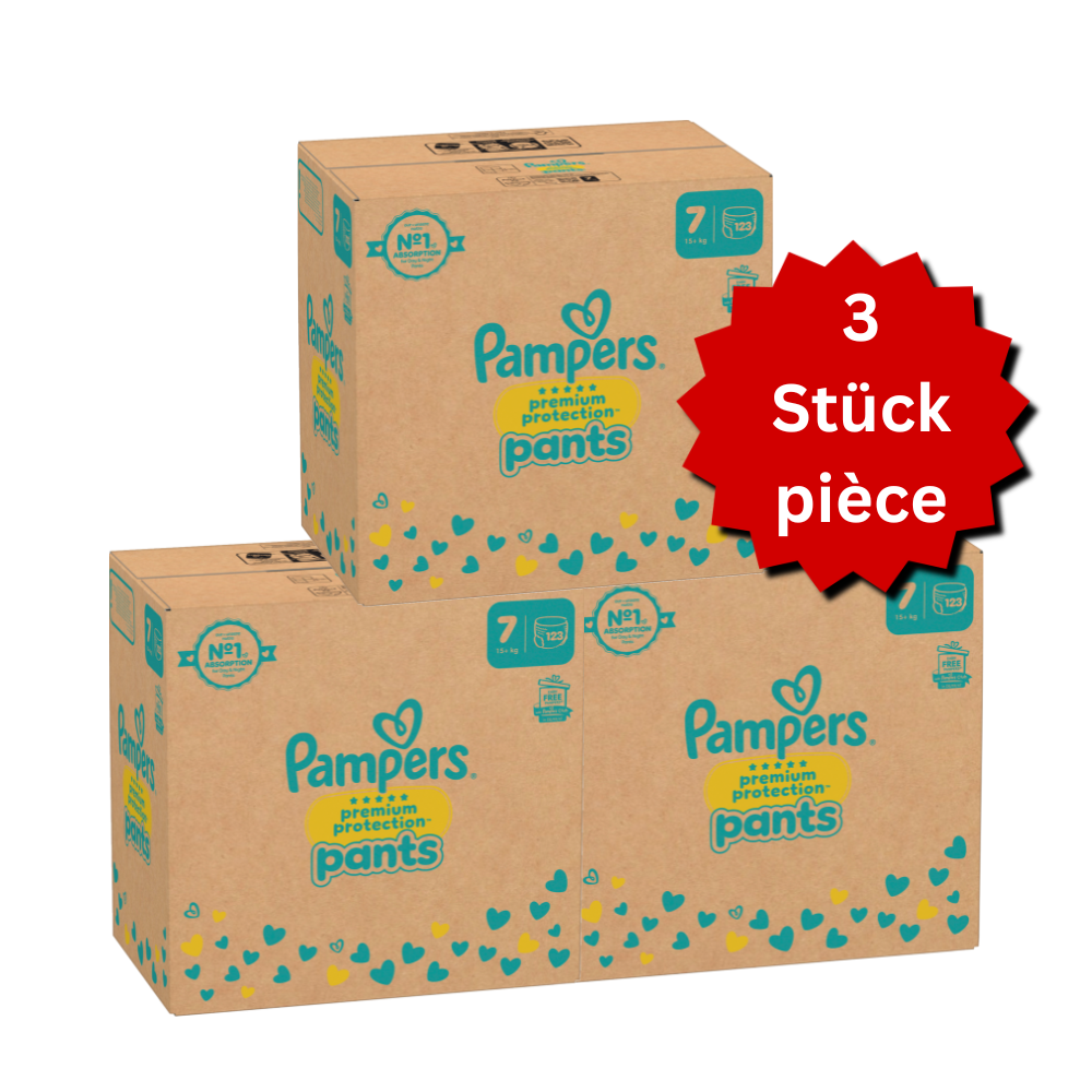 Pampers Premium Protection Pants T7 XXL 15+kg (3x123 pces) PROMOTION 3 boîtes mensuelles