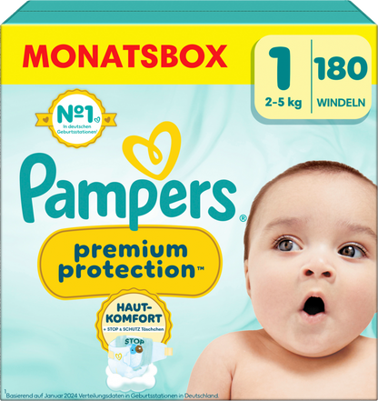 Pampers Premium Protection T1 Newborn 2-5kg (180 pces) Pack mensuel