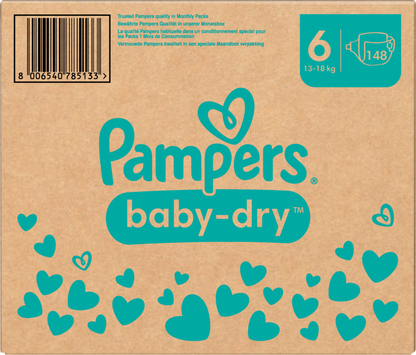 Pampers Baby-Dry T6 Extra Large 13-18kg (148 pces) Pack mensuel