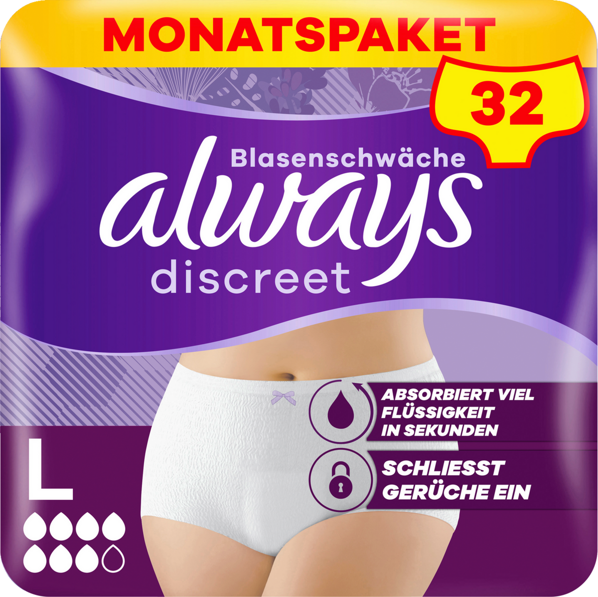 Always Discreet Plus Culottes d'incontinence TL (32 pcs) Paquet Mensuel