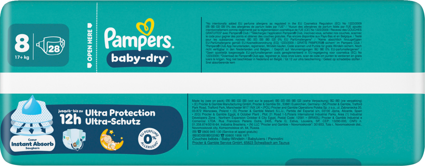 Pampers Baby Dry T8 Extra Large Plus 17+kg (28 pces) Sachet