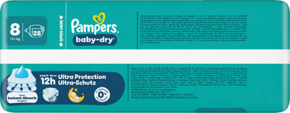 Pampers Baby Dry T8 Extra Large Plus 17+kg (28 pces) Sachet
