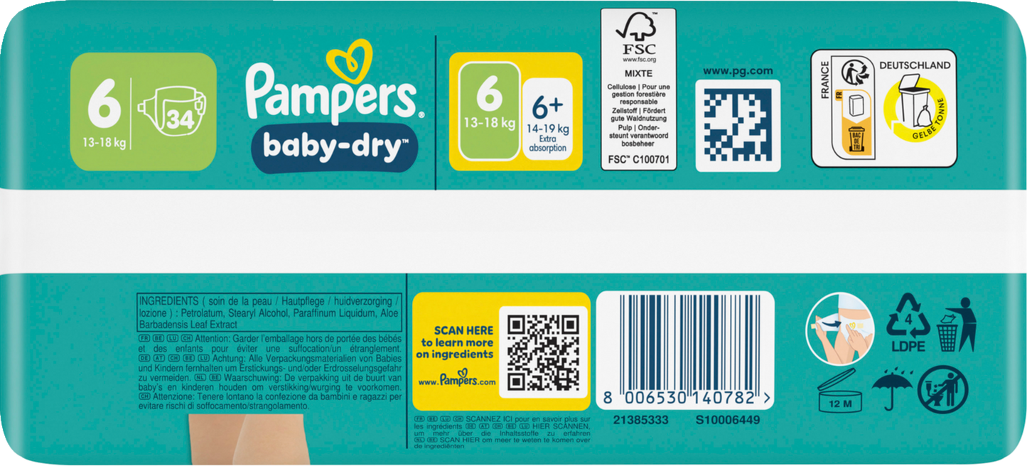 Pampers Baby-Dry T6 Extra Large 13-18kg (34 pces) Sachet