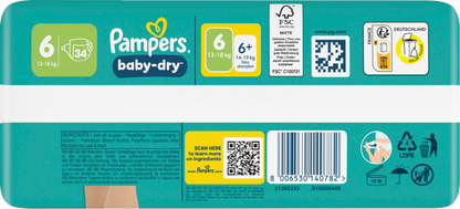 Pampers Baby-Dry T6 Extra Large 13-18kg (34 pces) Sachet