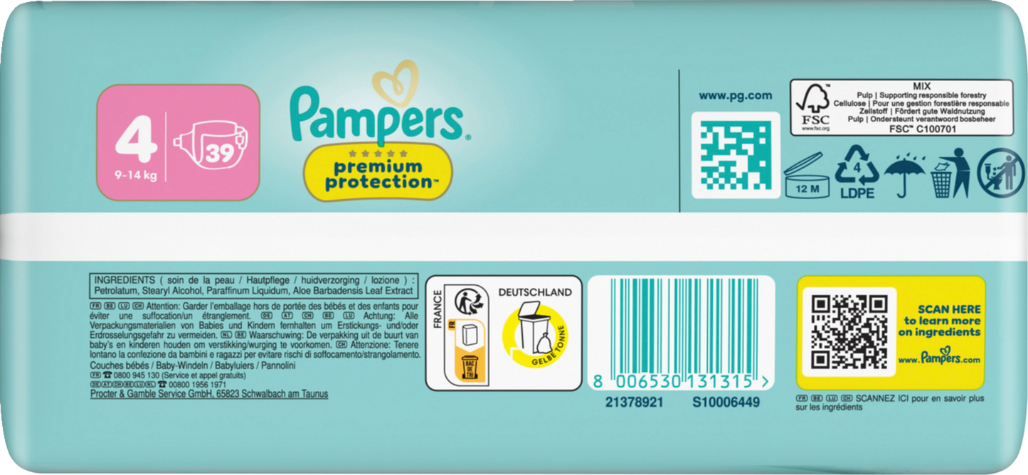 Pampers Premium Protection T4 Maxi 9-14kg (39 pces) Sachet