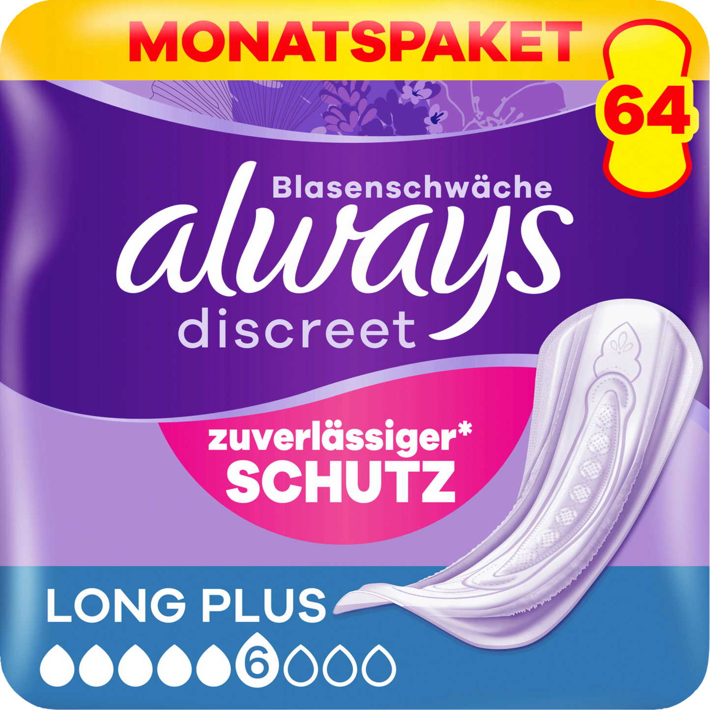 Always Discreet Protections Incontinence Long Plus (64 pcs) Paquet Mensuel