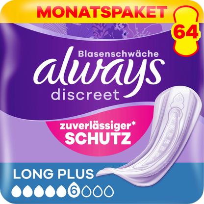 Always Discreet Protections Incontinence Long Plus (64 pcs) Paquet Mensuel