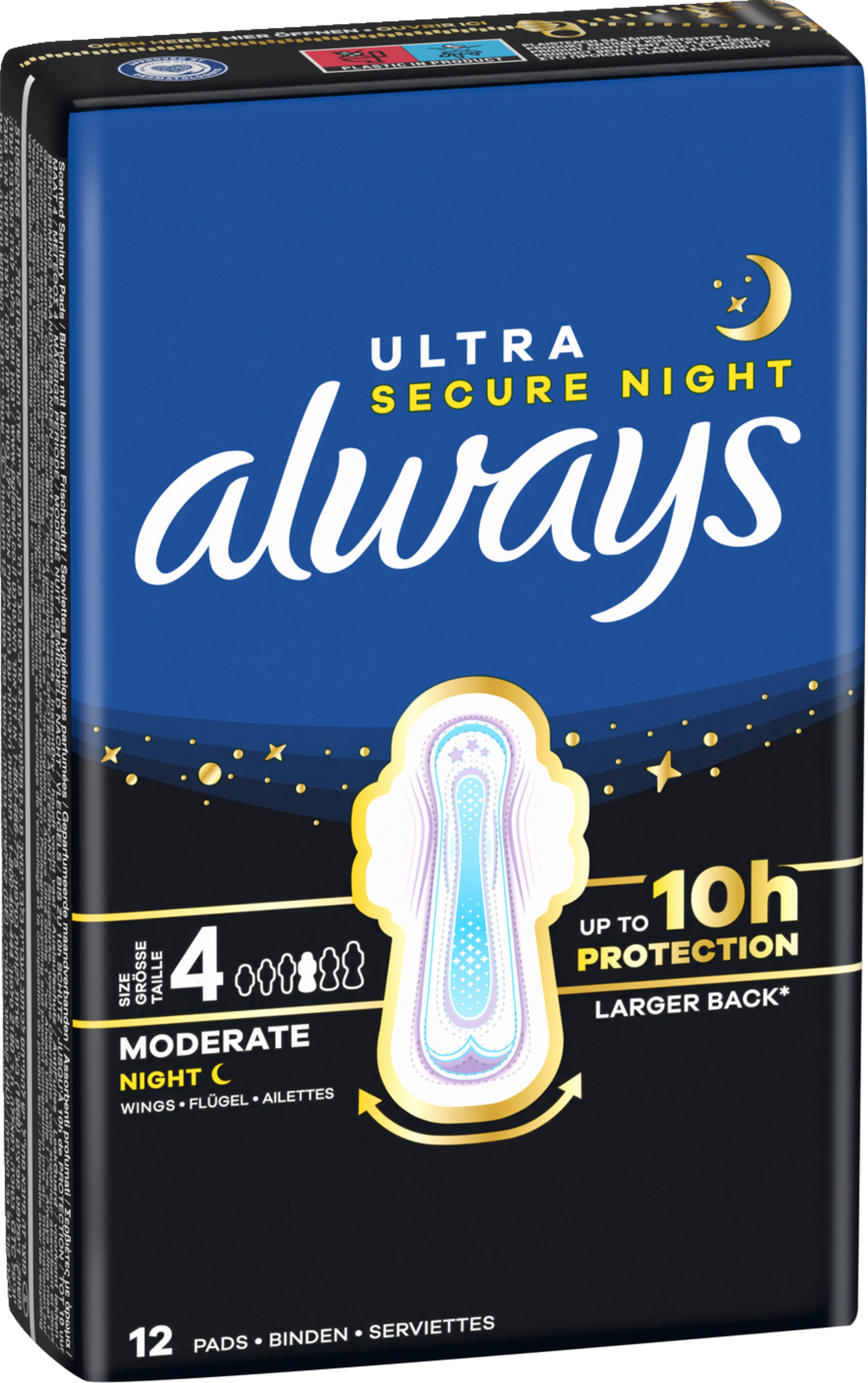 Always Ultra Serviette Hygiénique Secure Night à Ailettes Taille 4 (72 pces) Paquet Mensuel