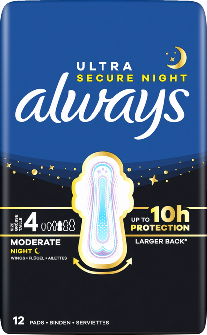 Always Ultra Serviette Hygiénique Secure Night à Ailettes Taille 4 (72 pces) Paquet Mensuel