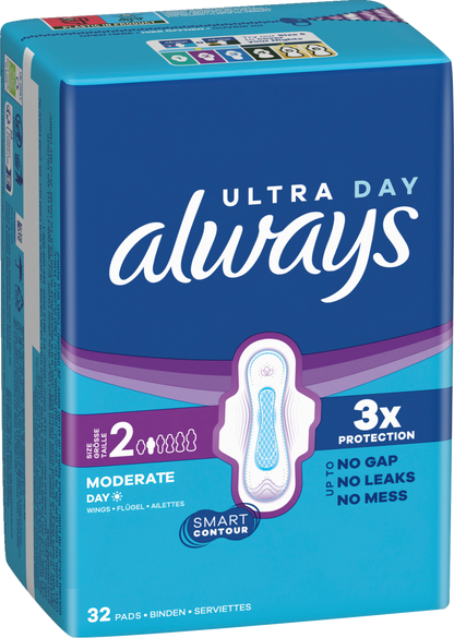 Always Ultra Long Serviettes Hygiéniques à Ailettes Taille 2 (96 pces) Paquet mensuel