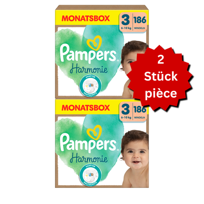 Pampers Harmonie T3 Midi 6–10 kg (2x186 pièces) – PROMO : lot de 2 boîtes mensuelles