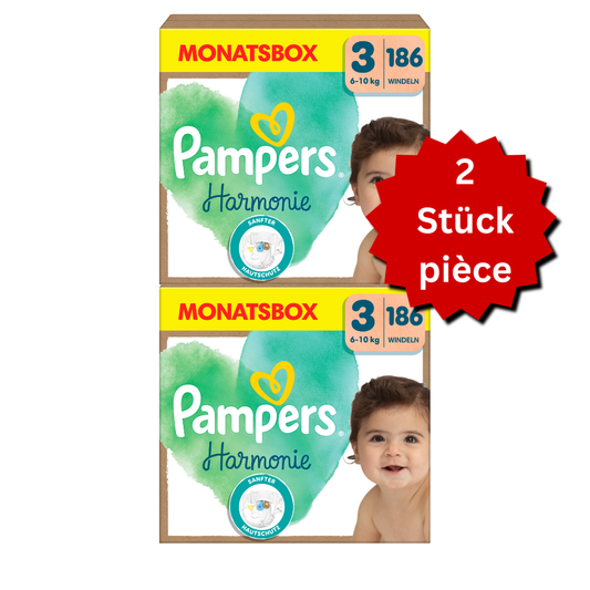Pampers Harmonie T3 Midi 6–10 kg (2x186 pièces) – PROMO : lot de 2 boîtes mensuelles