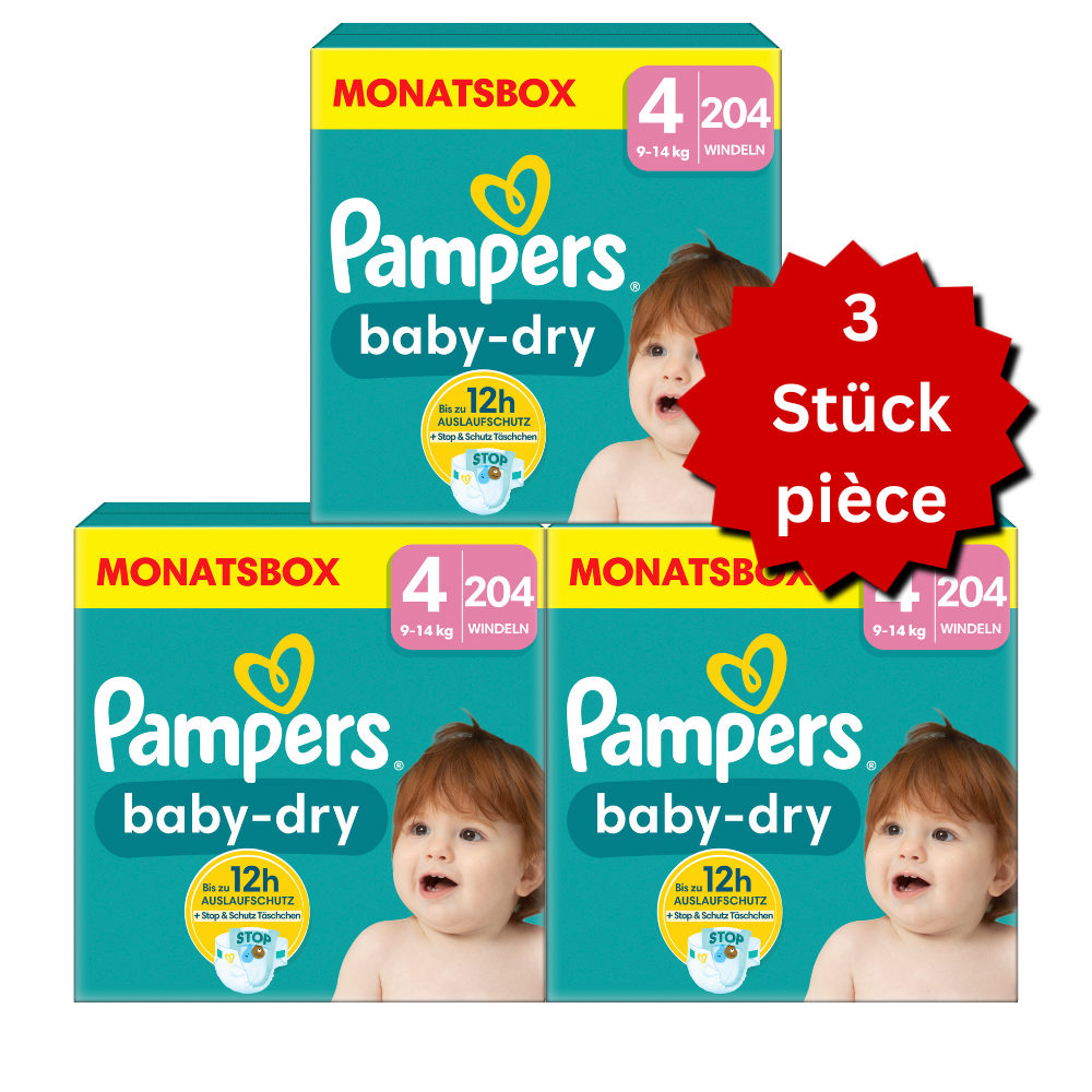 Pampers Baby-Dry T4 Maxi 9-14kg (3x204 pces) PROMOTION 3 boîtes mensuelles