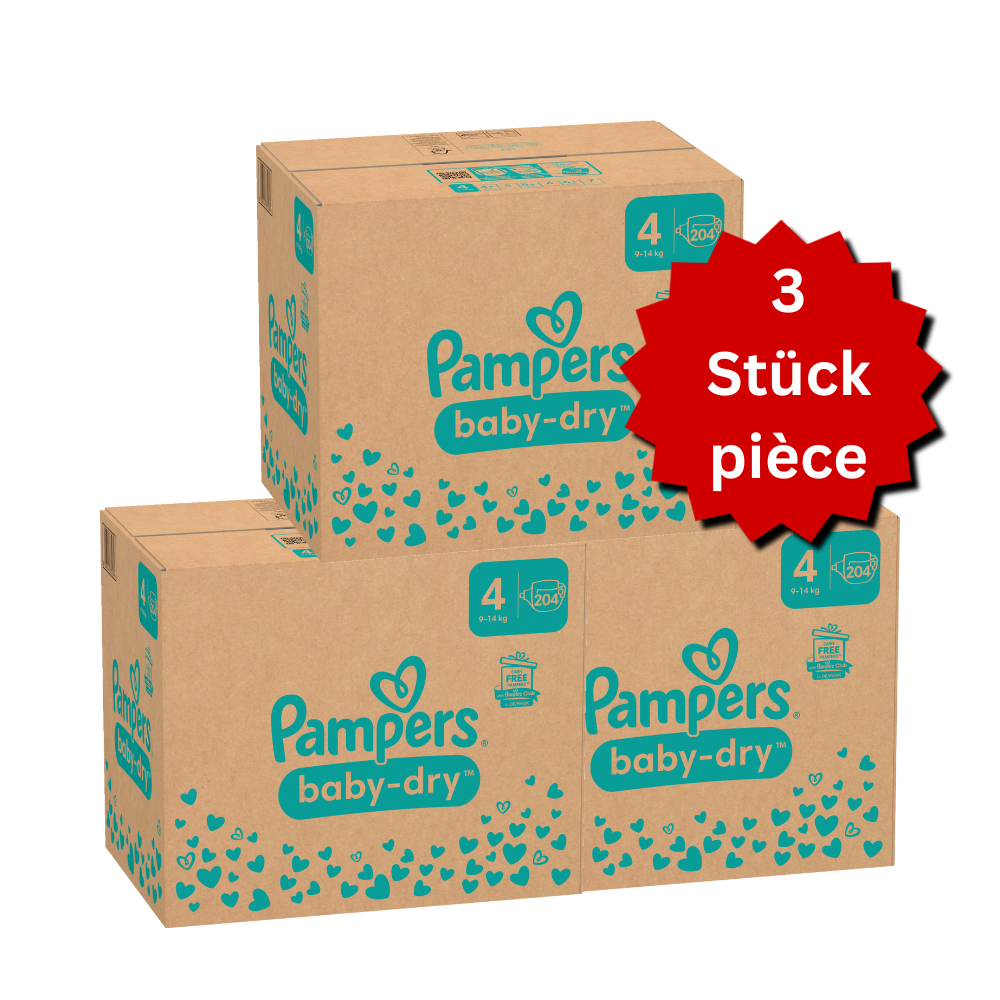 Pampers Baby-Dry T4 Maxi 9-14kg (3x204 pces) PROMOTION 3 boîtes mensuelles