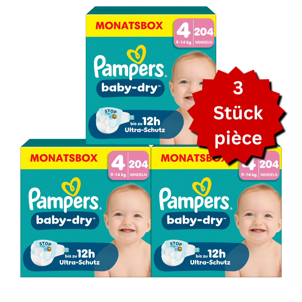 Pampers Baby-Dry T4 Maxi 9-14kg (3x204 pces) PROMOTION 3 boîtes mensuelles