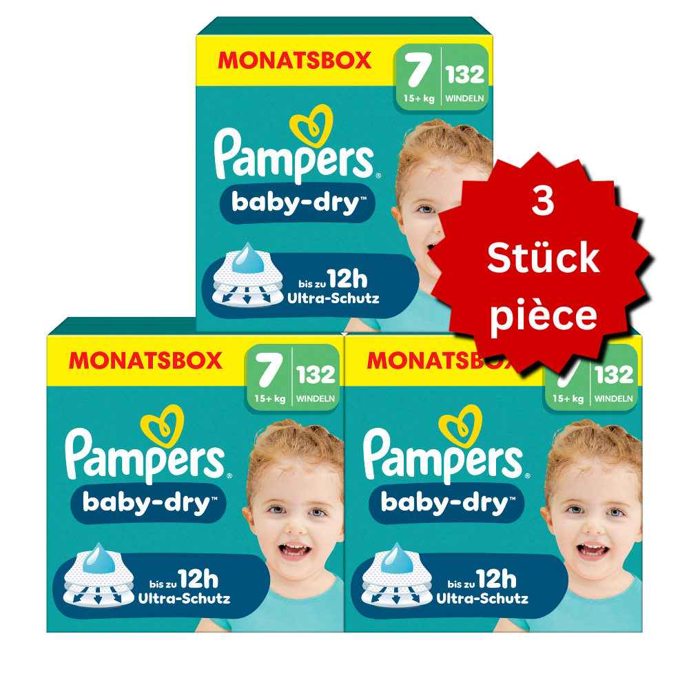 Pampers Baby-Dry T7 XXL 15+kg (3x132 pces) PROMOTION 3 boîtes mensuelles