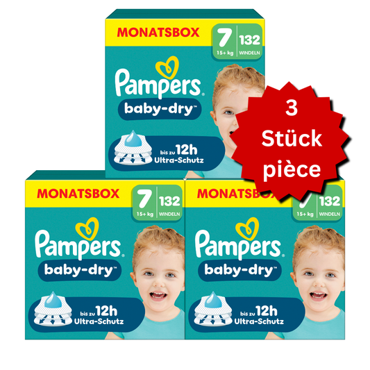 Pampers Baby-Dry T7 XXL 15+kg (3x132 pces) PROMOTION 3 boîtes mensuelles