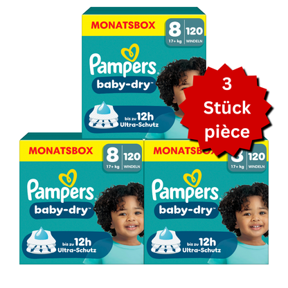 Pampers Baby-Dry T8 XXXL 17+kg (3x120 pces) PROMOTION 3 boîtes mensuelles