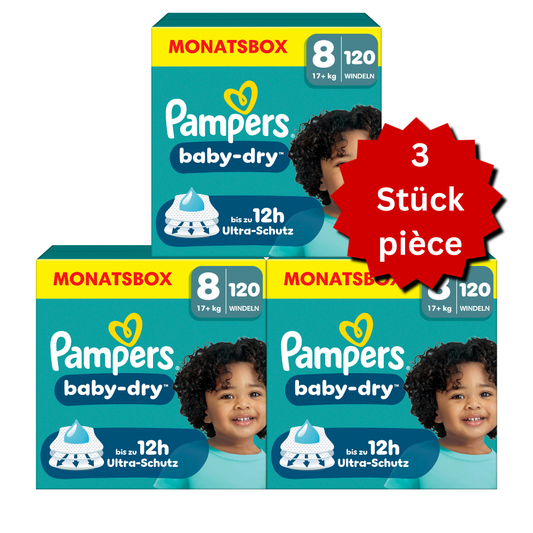 Pampers Baby-Dry T8 XXXL 17+kg (3x120 pces) PROMOTION 3 boîtes mensuelles