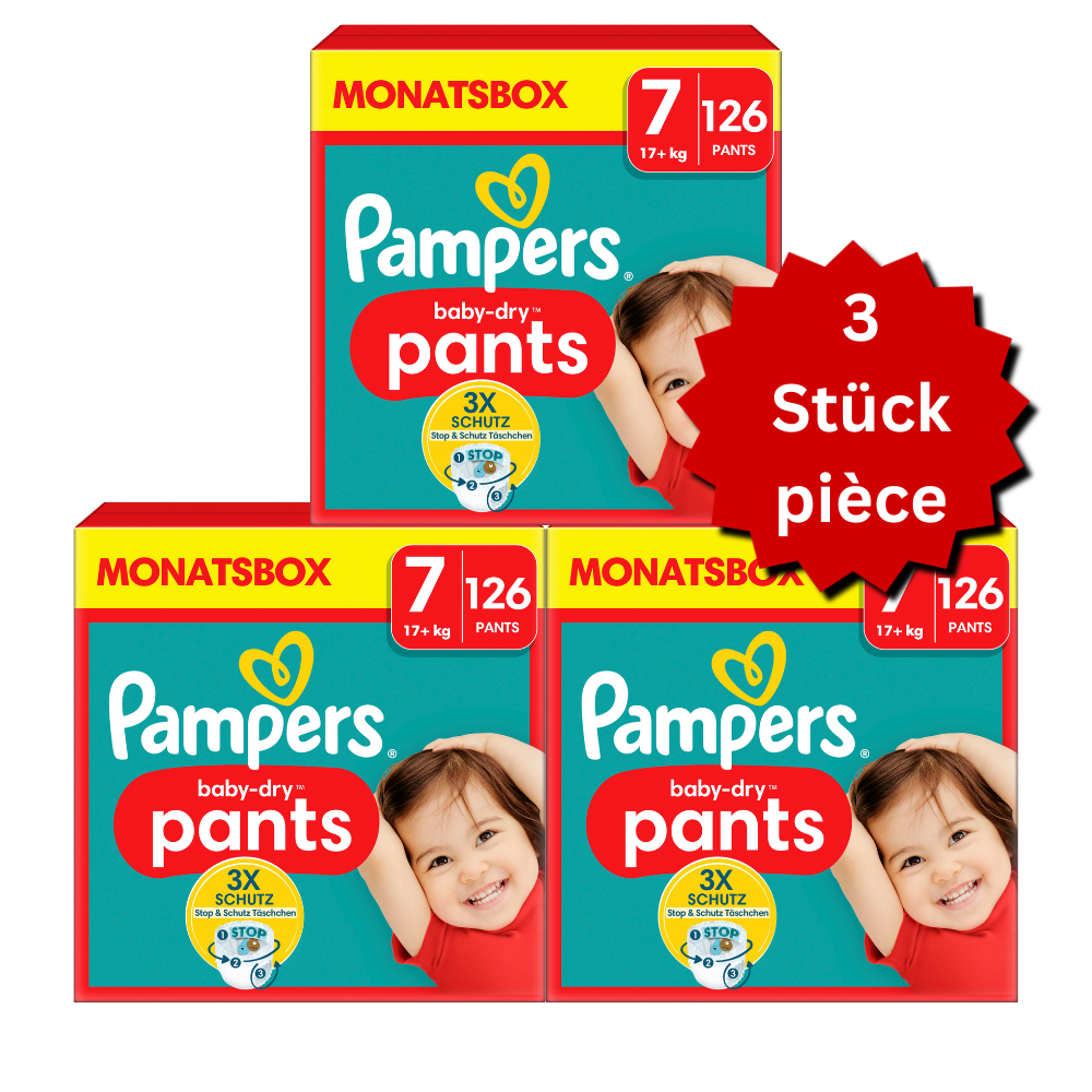 Pampers Baby-Dry PANTS T7 XXL +17kg (3x126 pces) PROMOTION 3 boîtes mensuelles