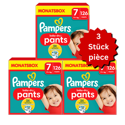 Pampers Baby-Dry PANTS T7 XXL +17kg (3x126 pces) PROMOTION 3 boîtes mensuelles