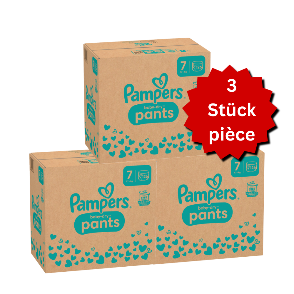 Pampers Baby-Dry PANTS T7 XXL +17kg (3x126 pces) PROMOTION 3 boîtes mensuelles
