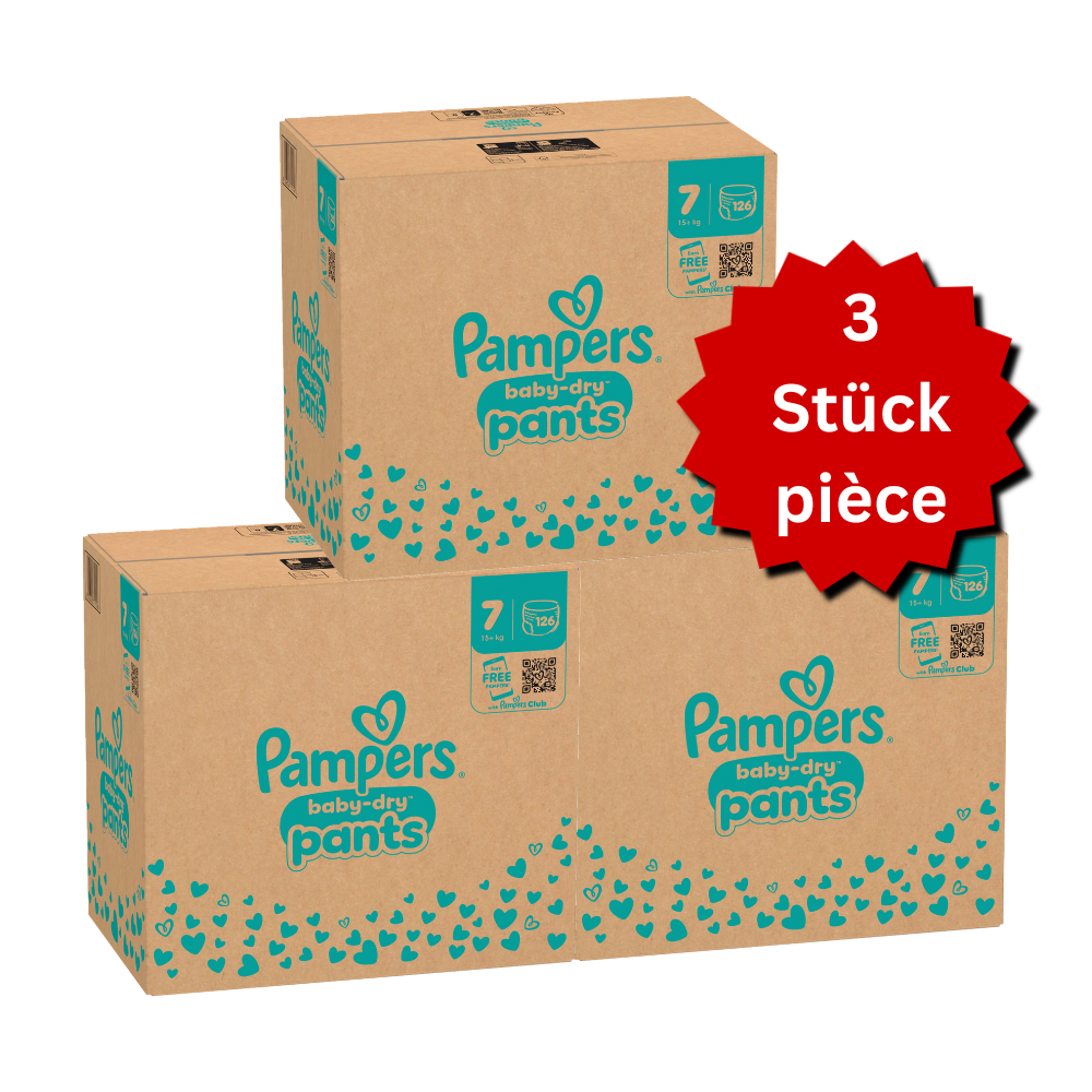 Pampers Baby-Dry PANTS T7 XXL +15kg (3x126 pces) PROMOTION 3 boîtes mensuelles