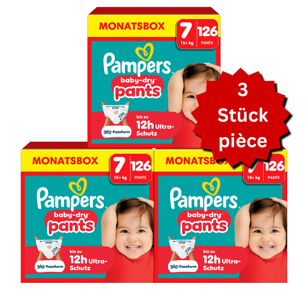 Pampers Baby-Dry PANTS T7 XXL +15kg (3x126 pces) PROMOTION 3 boîtes mensuelles