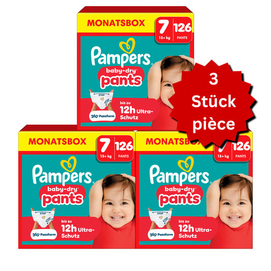 Pampers Baby-Dry PANTS T7 XXL +15kg (3x126 pces) PROMOTION 3 boîtes mensuelles