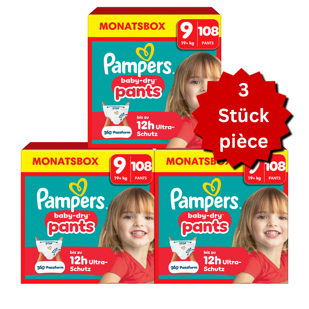 Pampers Baby-Dry PANTS taille 9 XXXXL 19+ kg (3x108 pièces) ACTION 3 box mensuelles