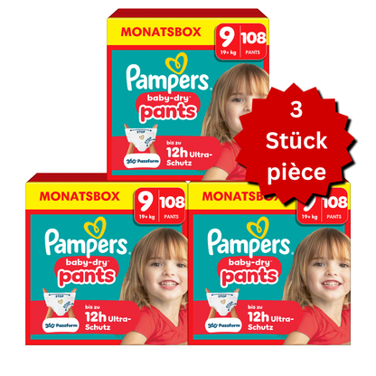 Pampers Baby-Dry PANTS taille 9 XXXXL 19+ kg (3x108 pièces) ACTION 3 box mensuelles