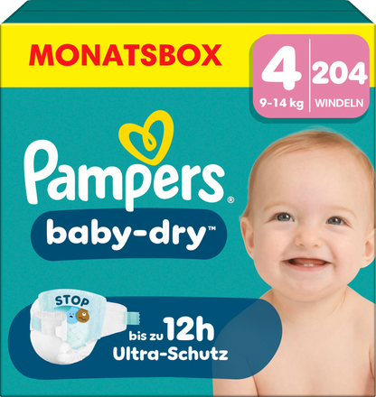 Pampers Baby-Dry T4 Maxi 9-14kg (3x204 pces) PROMOTION 3 boîtes mensuelles
