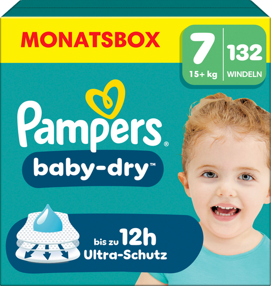 Pampers Baby-Dry T7 XXL 15+kg (132 pces) Pack mensuel