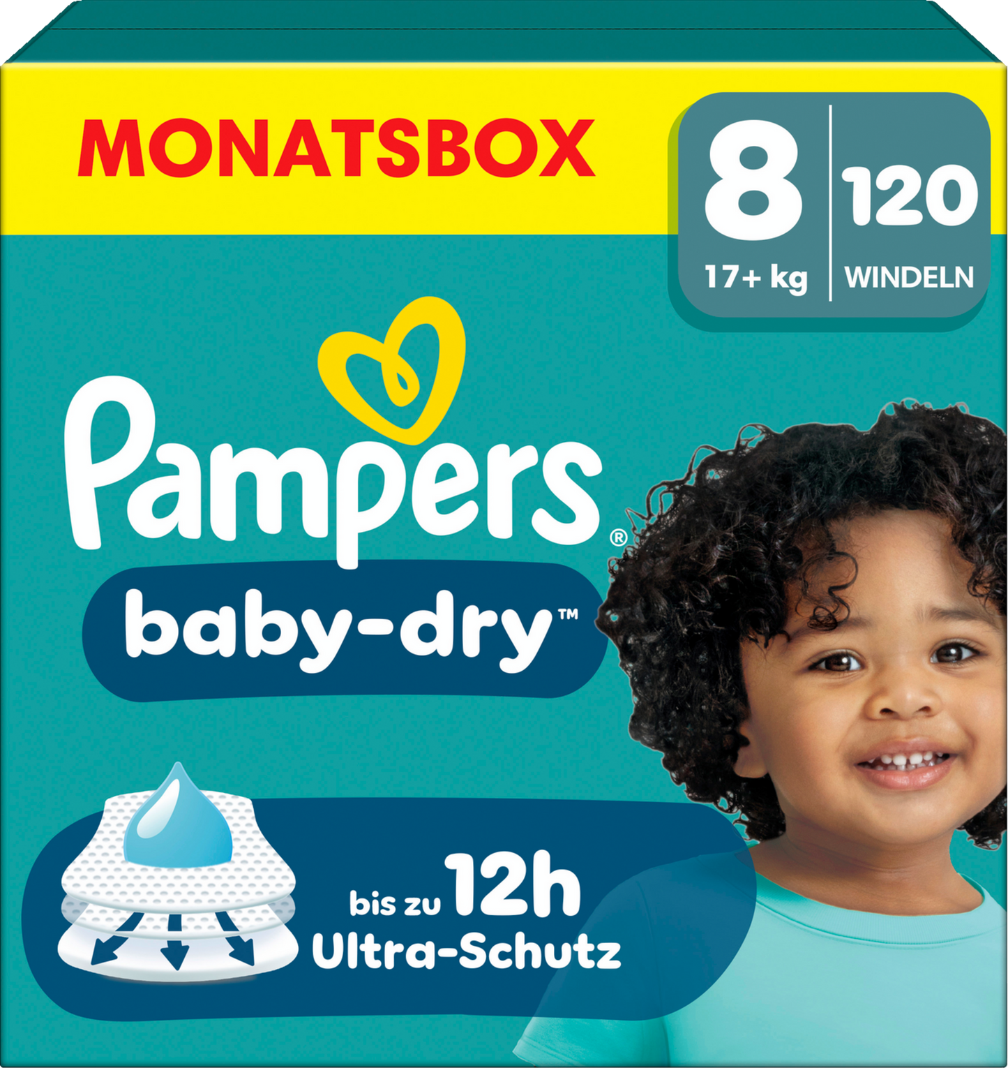 Pampers Baby-Dry T8 XXXL 17+kg (120 pces) Pack mensuel