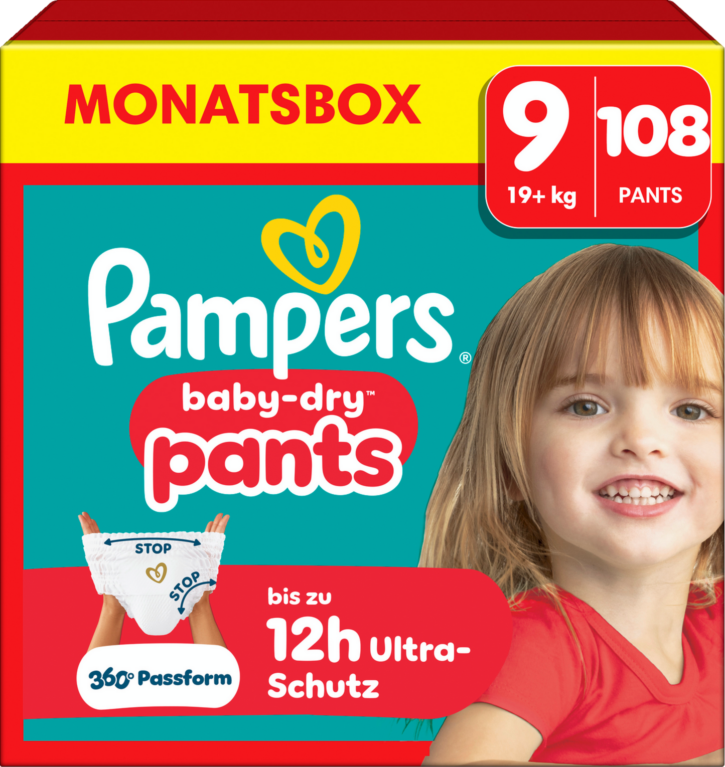 Pampers Baby-Dry PANTS taille 9 XXXXL 19+ kg (3x108 pièces) ACTION 3 box mensuelles