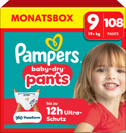 Pampers Baby-Dry PANTS taille 9 XXXXL 19+ kg (3x108 pièces) ACTION 3 box mensuelles