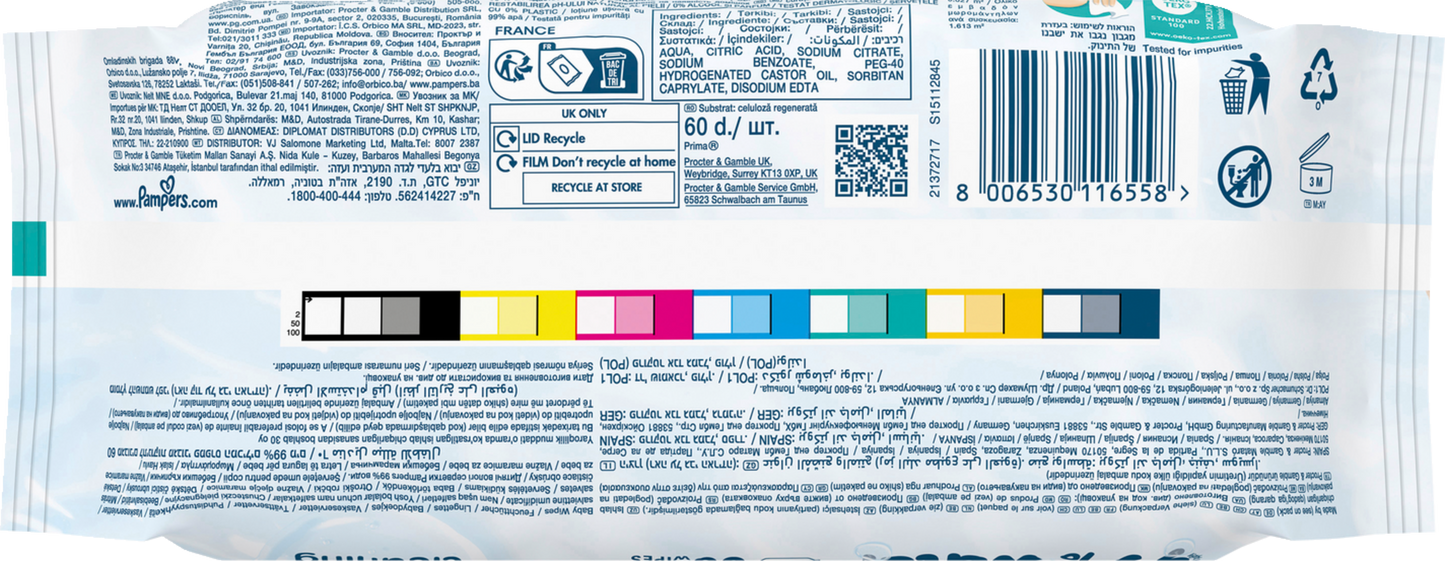 Pampers 99% Water lingettes (12 x 60 pièces) carton