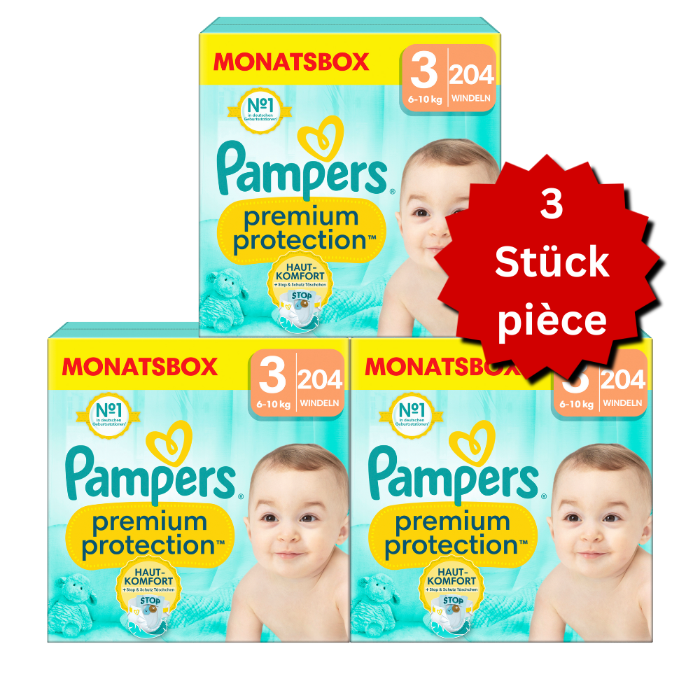 Pampers Premium Protection T3 Midi 6-10kg (3x204 pces) PROMOTION 3 boîtes mensuelles