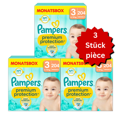 Pampers Premium Protection T3 Midi 6-10kg (3x204 pces) PROMOTION 3 boîtes mensuelles