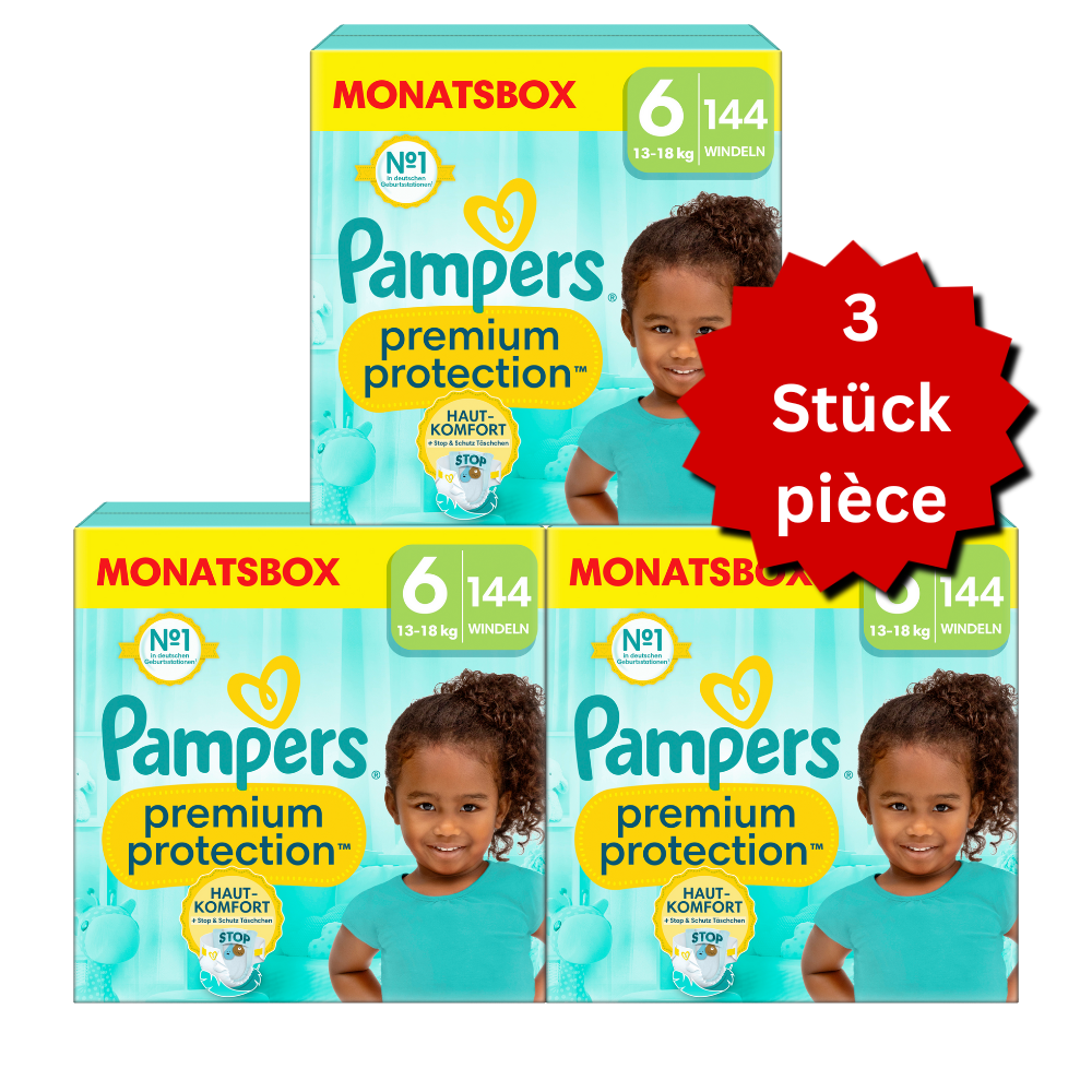 Pampers Premium Protection T6 XL 13+kg (3x144 pces) PROMOTION 3 boîtes mensuelles