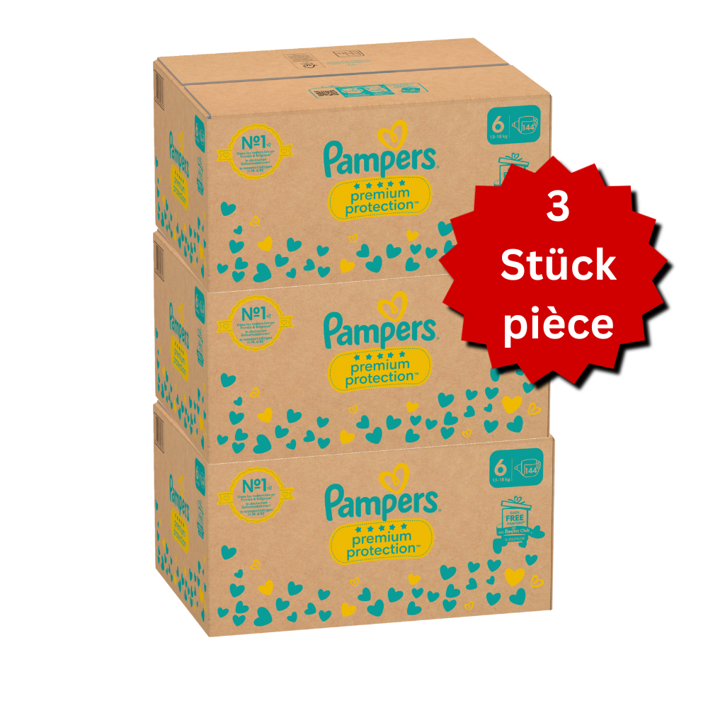 Pampers Premium Protection T6 XL 13+kg (3x144 pces) PROMOTION 3 boîtes mensuelles
