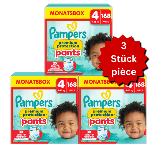 Pampers Premium Protection Pants T4 Maxi 9-15kg (3x168 pces) PROMOTION 3 boîtes mensuelles